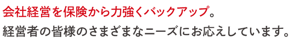 会社経営を保険から力強くバックアップ。 経営者の皆様のさまざまなニーズにお応えしています。 